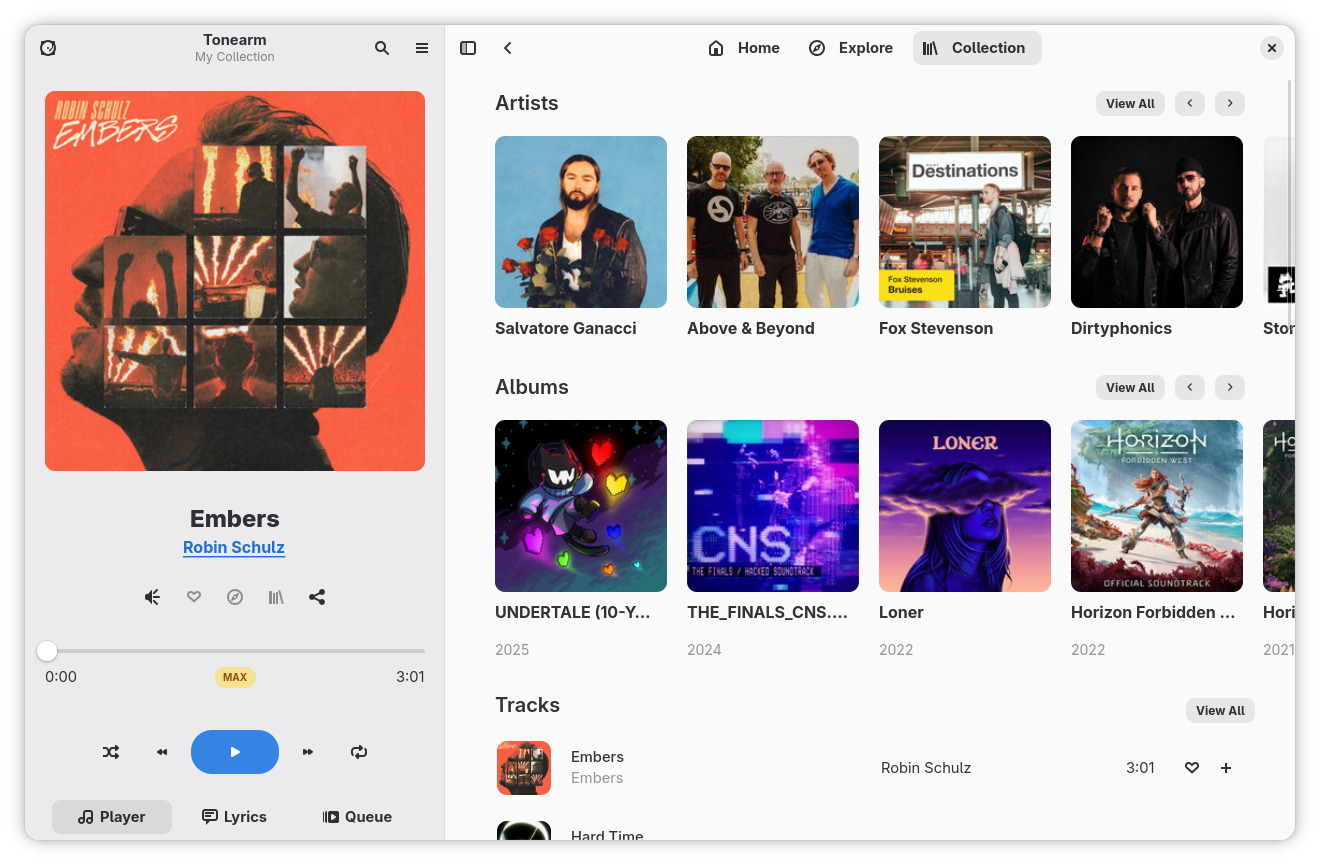 Music app showing the album Embers by Robin Schulz playing, with artists, albums, and track lists visible.